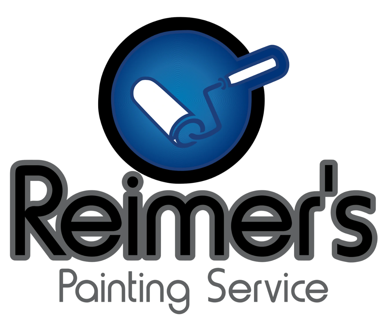 Circular logo of a paint roller on blue, above "Reimer's Painting Service" text in black and white font, against a transparent background.